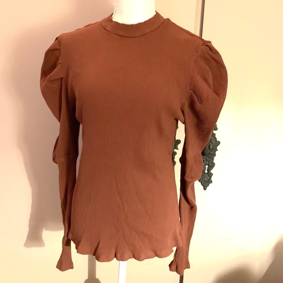 SHEIN Tops - NWOT Women’s SHEIN Puff Sleeve Rib Knit Top - Brown